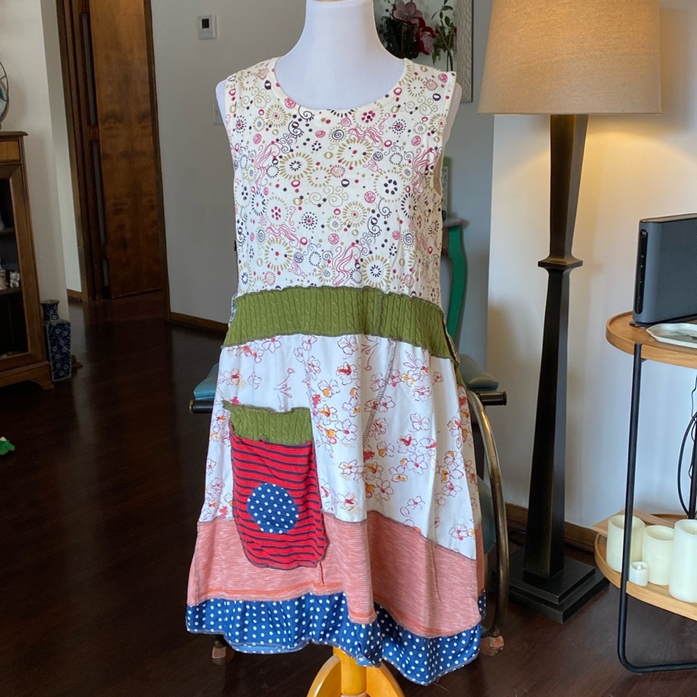 Bohemian upcycled repurposed sweater dress. Sleeveless jumper style. CUTE!!